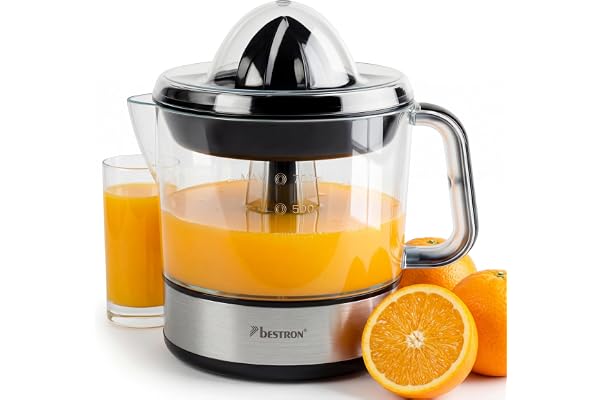 Bestron Presse-oranges et agrumes électrique, Inclut 2 cônes de pressage et un couvercle pour préserver l'arôme, Moteur à deux sens de rotation (gauche/droite), Capacité : 0.7 Litre, Couleur: Argent