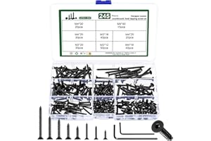 YOUYIDUN 245 Pcs M3 M4 Self Tapping Screws for Wood Screws Assortment Kit, Assorted Flat Head Screws set, Countersunk Hex Socket Head Screws for Home Repair DIY Furniture Chipboard Decking Screws
