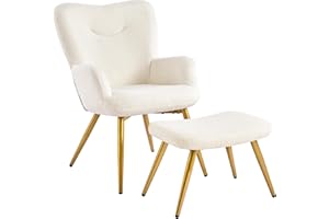 Yaheetech Small Armchair and Ottoman Set, Boucle Tub Chair with Footstool, Sherpa Lounge Chair with Golden Metal Legs for Living Room/Bedroom/Reading Room, Ivory