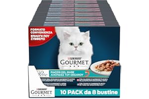 GOURMET Perle Piaceri del Mare - Cibo Umido Gatto Adulto, Bocconcini Piaceri del Mare con Pesce dell'Oceano, Platessa, Salmone, Tonno. 80 buste da 85g