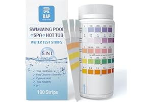 RAP WATER TESTING 5 in 1 Water quality testing strips for hot tubs, swimming pools or spas. Easy, accurate and quick detection of pH, Free Chlorine/Bromine, Total Alkalinity, Cyanuric Acid and Total Hardness. 100 count