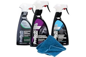 ProTech Monte-Carlo - Pack Complet Nettoyant Intérieur Voiture - Nettoyant Multi-Surfaces - Protecteur Plastiques - Détachant Tissus - 500 ML - Microfibre Bleue 40x40 CM|330g/m2