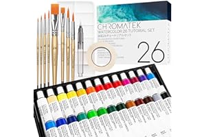 CHROMATEK Watercolor Paint Set - 62 Piece Kit - Video Tutorial Course - For Adults, Beginner & Professional Artists - 26 Tubes (12ml), Sketch Pad, 8 Painting Brushes, Aquapen, Palette, Masking Tape