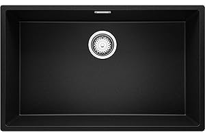 PRIMAGRAN Lavello sottotop Nero 76x47cm, Lavandino in Granito a 1 vasca + Sifone Classico, Lavabo da Cucina al mobile 80cm - London S223