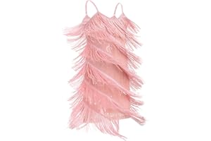 FYMNSI Latin Dance Dress for Girls Ballroom Dancing Outfit V-Neck Sparkly Sequin Tassel Fringed Dresses Dancewear