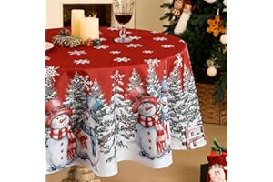 Softalker Nappe Ronde 160 cm Noel Rouge Nappes de noël Anti Tache avec élégant Bonhomme de Neige Blanc Flocon de Neige et décoration de Sapin de Noël pour Anniversaire,Exterieur,Jardin,Salon,fête