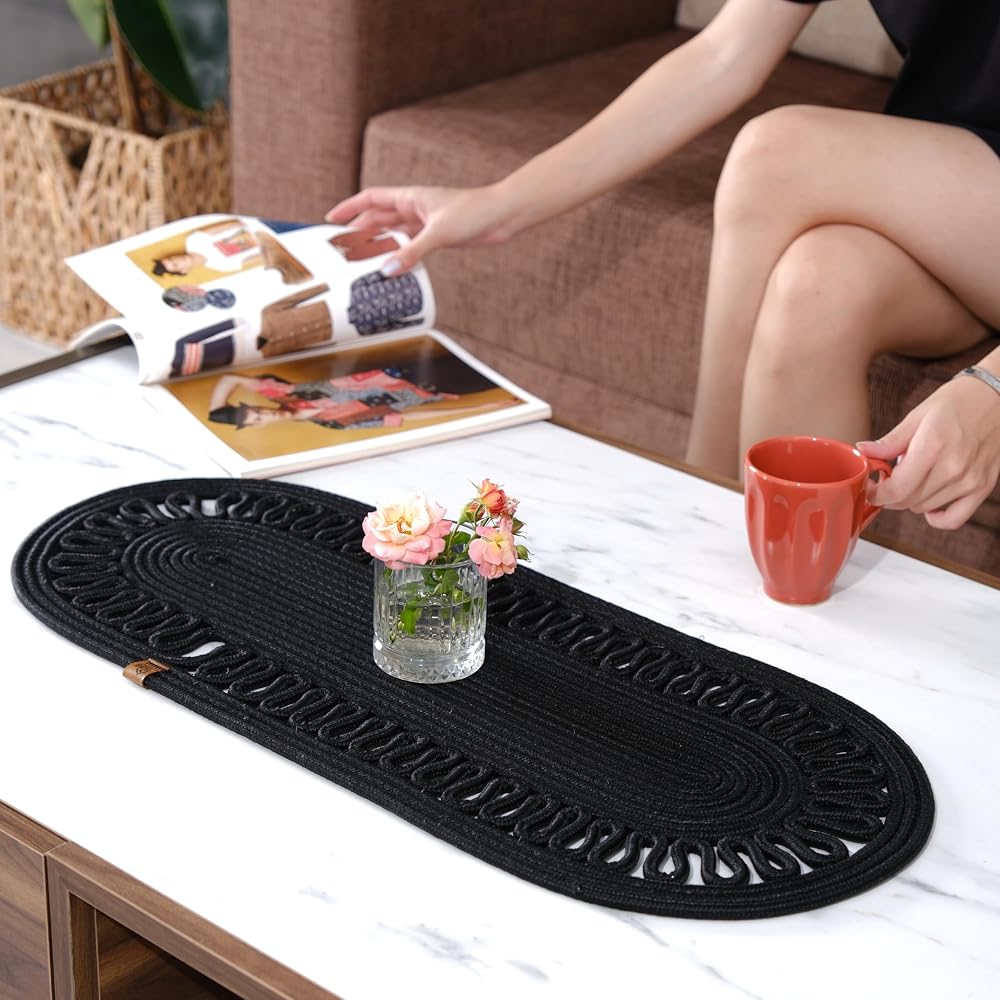 Modern Doğal Jüt Dokuma Masa Örtüsü, Örgülü Sehpa Yolluğu, Oval Masa Örtüsü Yemek Masası veya Teras için (Siyah)