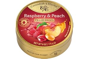 ‎CAVENDISH & HARVEY Cavendish & Harvey Raspberry & Peach Drops gefüllt 175g Dose | Fruchtige Himbeere, Süßer Pfirsich | Gefüllte Fruchtbonbons | Vegan, Halal, Koscher | 1 x 175g