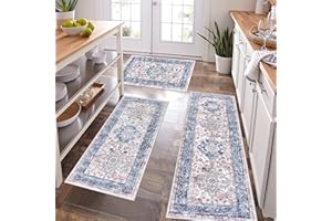 Pauwer Kitchen Mats for Floor 3 Piece Set Boho Non Slip Kitchen Rugs Washable Farmhouse Kitchen Floor Mats Thick Long Kitchen Throw Area Rug Carpet Runner for Hallway Entryway Laundry Bathroom, Blue