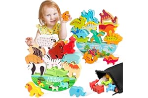 Vicloon Wooden Stacking Toys, 2-Piece Toddler Building Blocks with Animal & Dinosaur Designs, Learning & Growth-Enhancing Educational Toys for Boys & Girls