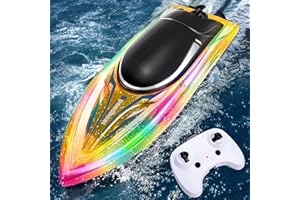 YOOHBERRYS Ferngesteuertes Boot, 2.4 GHz RC Boot, Motorboot Ferngesteuert Kinder mit DREI Mode LED-Licht und 2 Batterien, 15KM/H Rennboot Speedboot für Meere, Pools und Seen (Yellow)