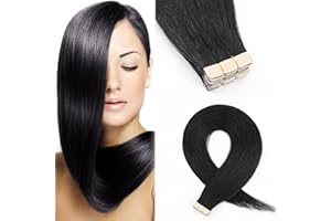 Elailite Mini Tape in Hair Extensions Real Human Hair 20 Pcs 50g - Seamless Adhesive Skin Weft Remy Natural Hair Extension Straight - #1 Jet Black - 18 Inch (Mini Tape)