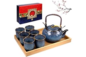 OJMHD Japanese Porcelain Tea Set, 650ml Blue Ceramic Teapot with 6 Tea Cups Tray Gift Box, Kiln Altered Glaze Chinese Teapot for Adults Tea Lovers Men Women Gift