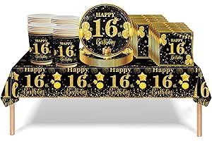 RONGZUBAT 53Pcs Black Gold 16th Birthday Party Tableware Decorations, Table Cloth Plates Napkins Cups Sets for Him Her Boys Girls Birthday Table Decorations Gifts Dinnerware
