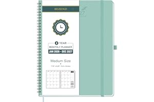 BEZEND Month to View Diary 2026-2027 with Notes (Jan 26 - Dec 27), Monthly Planner 23.4 x 19.6cm - 120 GSM Thick Paper, 2 Year Spiral Calendar with Tabs & Storage Pockets, Soft Cover, Mint Green
