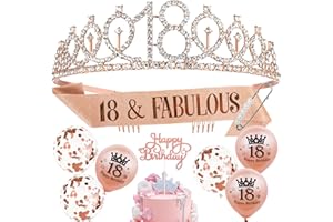 Auliuse 18th Birthday Sash and Tiara Set for Girls, Rose Gold Birthday Sash Crown with Balloons Happy Birthday Cake Topper Party Decorations Supplies, Happy Birthday Gifts for Women (18 Years Old)