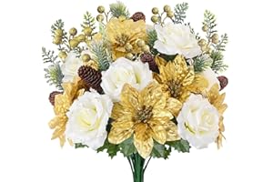 FALSKT Fiori Poinsettia Artificiale Fiori di Natale Artificiali da Interno Esterno Fiori D'oro Stella di Natale con Rose di Natale, Bacche Artificiali e Pigne per Casa all'aperto Interno