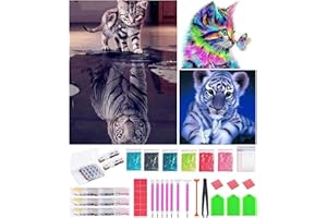 Bellatoi DIY 5D Diamant Peinture Point De Croix Broderie,3 Pack Chat et Tigre 5D Diamond Painting Kits de Forage Complet,Rosa Salon Stickers Muraux Décor à La Maison