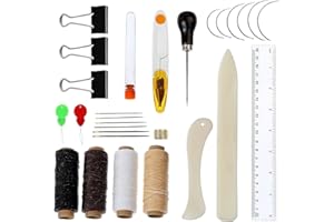 Musuntas - Juego de 28 herramientas de encuadernación para libros con forma de hueso, plegables, hilo de lino encerado, mango de madera, agujas de ojo ancho para libros hechos a mano y suministros de