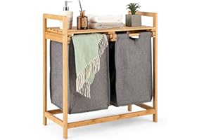 LIFEZEAL Kosz na brudne pranie 70 l z 2 przegródkami, bambusowy kosz na pranie, wyjmowany kosz na pranie, ze zdejmowanym workiem, zmywalny, podłoga do przechowywania, pralnia, łazienka, 63 x 33 x 73