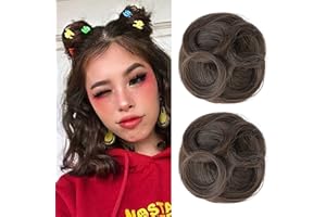 REECHO Space Bun Hair Pieces, 2 PCS Mini Claw Clip in Messy & Cat Ears Fake Hair Bun Extensions Wig Accessory Updo Hairpieces for Women Girls (Pack of 2-3.5" Wavy, Medium Ash Brown)
