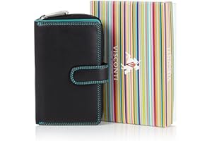 VISCONTI ® Portafoglio Donna Medio Vera Pelle con protezione RFID Porta Carte di Credito con Portamonete Borsellino Portafogli Porta Banconote - COLORADO (Nero/Turchese/Aqua)