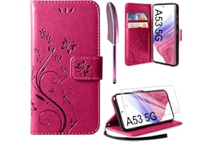 AROYI Lederhülle Kompatibel mit Samsung Galaxy A53 5G Hülle und Schutzfolie, Flip Wallet Handyhülle PU Leder Tasche Case Kartensteckplätzen Schutzhülle Rosenrot