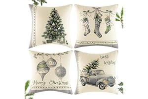 Viosmut 4er Kissenbezug Weihnachten 40x40cm, Schöne Weihnachtskissen Grau Leinen, Weihnachtskissenbezug mit Weihnachtsbaum Glocke Muster für Weihnachtsdeko, Wohnzimmer und Sofa Deko Weihnachten Kissen