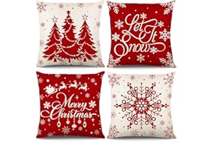 KIKISML Christmas Cushion Covers 18x18 Inch, 4 Pack Christmas Tree Snowflake Reindeer Santa Claus Linen Throw Pillow Cases for Home Decor, Bedroom, Sofa Christmas Decor (Red)