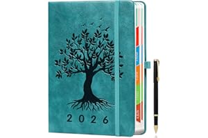 ZXHQ 2026 Diary A5 Page a Day, Jan-Dec, Diary 2026 Day Per Page, Full Year Daily Planner with Monthly Overview, UK Holiday, Colorful Tabs, Pen Set and Fine Inner Pocket, 5.9" × 8.5"- SeaGreen