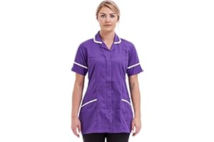 FIRST UNIFORM SOLUTIONS Nurses Healthcare Tunic Round Collar Uniform Maid Housekeeper Beautician Purple with White Contrast Trim Size 8 to 28