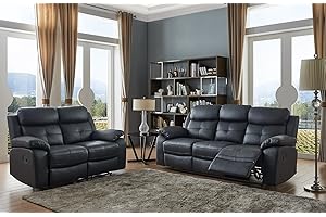 SC Furniture Ltd Black Leather Manual Reclining 3 Seater Sofa + 2 Seater Leather Manual Recliner Sofa Suite CHICAGO (3+2)
