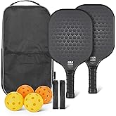 Amazon Basics USAPA Approved Pickleball Paddles Set of 2 with Glass Frame, 4 Balls and 2 Grips, Stealth Black