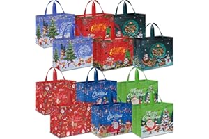 AhfuLife Extra Large Christmas Bags for Gift, 12pcs Xmas Tote Gift Bags with Handles, Reusable Multipack Non-woven Christmas Treat Shopping Bags, Xmas Party Favor Bags Decorations, 40 x 36 x 15cm