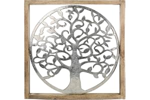 GILDE Quadro decorativo XXL albero della vita – albero della vita in alluminio – con cornice in legno 60 x 60 cm – Decorazione da parete soggiorno – Colori: argento marrone