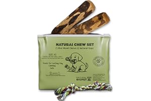 NATURALBIOPET Mordedor Perro Cachorro,Talla XS | 2 Palos Olivo + Cuerda | Mordedores 100% Naturales | Juguete Duradero | Elimina Sarro | Palos Bañados en Aceite de Oliva (13cm) | Cuerda de Algodón (18cm)