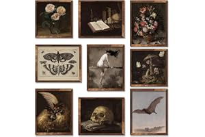 Whaline 9 szt. Dark Academia sztuka ścienna wydruki vintage Halloween dekoracja ścienna czarownica na miotle kwiatowa czaszka gotycka dekoracja domu sztuka ścienna na Halloween, galerię, ścianę, dom,