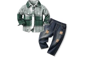 Volunboy Baby Boy Clothing Sets, Long Sleeve Flannel Shirts + Blue Ripped Jeans 2PCS Fall Winter Casual Outfits