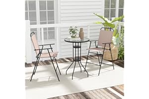 Giantex Juego de Bistró, Mesa Redonda Alta con Tablero de Vidrio y 2 Sillas Plegables, Tejido Transpirable, Conjunto de Muebles para 2 Personas, para Balcón, Terraza, Jardín (Sin Sombrilla)
