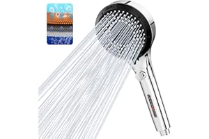 Vinabo Pommeau de Douche Haute Pression, Pommeau Douche Anti Calcaire Avec 6 Types De Jets, Pommeau De Douche Economie Deau Avec Bouton D'ArrêT D'Eau - Argent