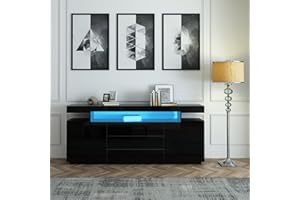 SHDFFHZ Sideboard Modern Living Room Cupboard Unit High Gloss Cabinet 2 Doors 3 Drawers Buffet TV Stand Unit with Led Light for Living Room Kitchen Black 160x35x72cm