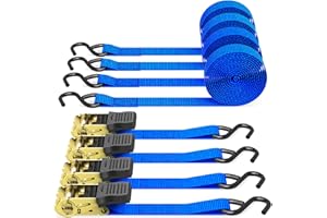 Sangle à cliquet 4 pièces, Ohuhu 680kg 4,6m Sangles de Serrage à cliquet Sangle d'arrimage avec tendeur à cliquet pour Le Transport Quotidien et Le Regroupement de Marchandises, Bleu