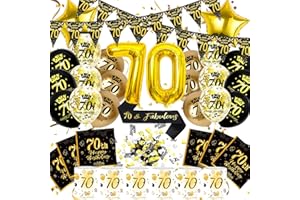70 Geburtstag Deko Männer Frauen, 70th Happy Birthday Decoration Luftballon Schwarz Gold Banner Konfetti Schärpe Laternen Servietten Windlicht Tischdeko, Cadeau 70 Frau Mann (Set 70. Geburtstag Deko)