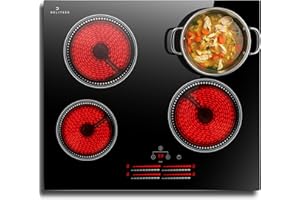 DELITEER Kochfeld 4 Platten, 60CM Glaskeramikkochfeld Einbau, 6000W, Unabhängige Heizzonenregelung, Sicherheitsschloss, Zeitschaltuhr, Kein Stecker, 240V