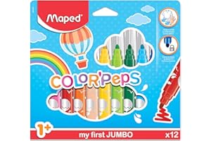Maped Color'Peps Gros Feutres de Coloriage Premier âge pour Bébé et Enfant dès 1 an avec Pointe Sécurisée et Encre Lavable à l'eau - Boîte de 12 Feutres Jumbo Assortis 846020 29 x 20 cm
