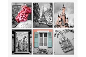 WALLBUDDY 6 Pieces Paris Decor Wall Art - Pink Wall Art for Girls/Pink Art for Girls Bedroom Decor, Pink & Black Aesthetic Teen Girls Room Decor Preppy Paris Girls Living Room Bedroom Office Decor (12x16)
