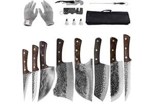 FULLHI Conjunto de 14 cuchillos de carnicero forjados a mano con cuchillos de chef de alto contenido de carbono para barbacoa de campamento de cocina