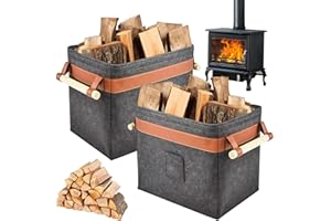 GOEDCH Lot de 2 paniers en feutre pour bois de cheminée : 42 x 32 x 35 cm - Panier XXL pliable pour bois de chauffage - Rangement de cheminée