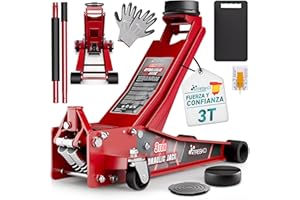 TRESKO Gato hidráulico 3T, altura de elevación de 75 – 510 mm, hidráulico, gato hidráulico para coche, doble pistón y ruedas de 360°, incluye 2 almohadillas de goma, alfombrilla protectora, guantes