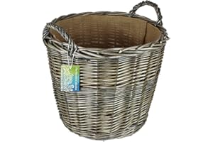 THE PESCARA COLLECTION Round Grey & Antiqued Wicker log baskets. Hessian lined. Wood & kindling storage for home hearths and fireplace. Large wood burner bin (Wicker Handle, 42 cm)